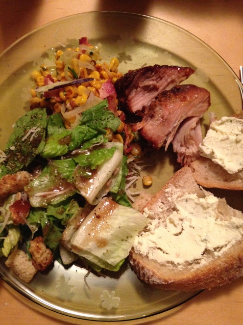 Braised Pork Belly, Corn Salad, Green Salad, and Bread and Cheese.